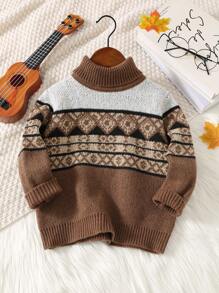 SHEIN 1pc Young Boys Casual & Cozy Fashionable Practical Versatile Deer Print High Neck Fuzzy Sweater, Suitable For Kids Outfits, Young Boy Clothes, School, Daily Wear, Travel, Party, Autumn/Winter Season - Brown - View 2