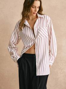 Poéselle Camicia casual da donna a righe con bottoni sul davanti e maniche lunghe, collezione Autunno/Inverno 2024, abbigliamento invernale, outfit autunnali da donna, maniche lunghe a righe - Beige - Visualizzare 3