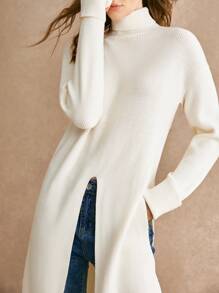 Poéselle Long Apricot Sweater,Long Turtleneck Slit Sweater,Women High Collar Dropped Shoulder Solid Color Long Sleeve Split Hem Casual Sweater, Autumn/Winter,Fall Women Outfits,Fall Sweaters,Old Money StyleWarm And Comfortable, Suitable For Daily Street, Home, Commuting And Other Occasions To Wear