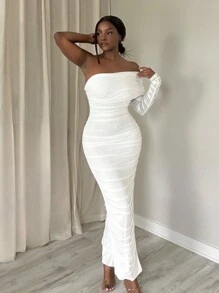 Slaydiva Elegant Party/Date Ruffled Open Shoulder Mesh Bodycon Dress For Women - EE - White - View 4