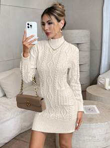 SHEIN Clasi Damen Lässig minimalistisches elegantes Stehkragen Doppeltasche gestricktes Sweaterkleid, Herbst/Winter