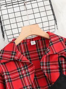 SHEIN Leap Crew Teen Girls 2pcs Set: Red Plaid Cropped Shirt Top And Black Cami Dress, Casual Christmas Party Outfit - Red - View 5