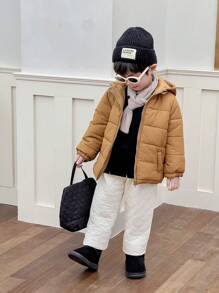 SHEIN Young Boy Winter Solid Color Long Sleeve Zip Collar Hooded Padded Coat & Pants Casual Outfit Set With Scarf - Multicolor - View 4