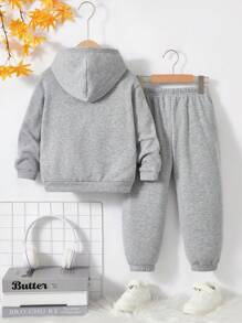 SHEIN 年轻男孩 2 件套休闲学院风舒适时尚实用百搭字母印花羊毛连帽运动衫和裤子套装，适合开学第一天、校服、服装、返校、日常穿着、秋冬季 - 灰色 - 查看 7