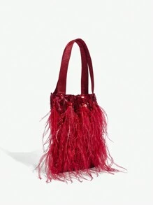 SHEIN SXY 女士晚宴包，手提包，时尚、优雅、简约、个性化、多功能、红色、亮片、人造羽毛，适合鸡尾酒会、派对、舞会、俱乐部、约会、生日、晚会、约会之夜、舞会、圣诞节 - 黑色 - 查看 3