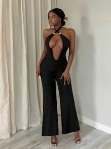 Slaydiva Elegant Sexy Party Women Deep V-Neck Metal Color Block Wide Leg Jumpsuit