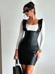 Firerie Women Elegant Minimalist Commuter Style Leather White/Black Pinafore Dress With Ruffle Hem