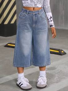 SHEIN Explorewe Quần Capri ống rộng bằng vải denim giặt sạch cổ điển cho bé gái tuổi mới lớn, dáng rộng thoải mái, mùa xuân hè - Rửa trung bình - Xem 6