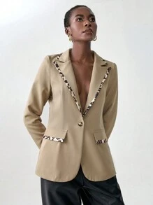 Chiquease Áo khoác blazer nữ tay dài cài nút phía trước màu trơn có túi giả thường ngày - Màu Khaki - Xem 3