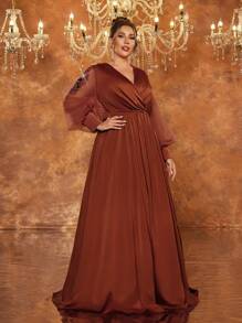 Glamrae Vestido de noche formal elegante francés de manga princesa, minimalista, de línea A, con aplicaciones de lujo en color marrón café, talla grande, para invitados de boda, graduación, cena - Café integral - Ver 3