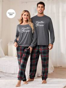 2 件套字母印花套头衫长袖羊毛格子长裤男士睡衣套装 - 灰色 - 查看 5