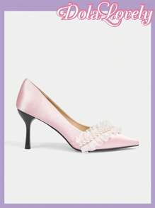 Dola Lovely Women High Heel Pumps Lolita Style Solid Pink Bow Floral Point Toe Slingback Dress Sandal Shoes - Pink - View 8