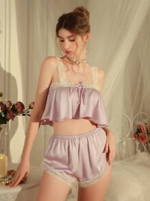 Women's Solid Color Lace Patchwork Thick Strap Top And Elastic Waist Shorts Lingerie Set - Purple - View 4
