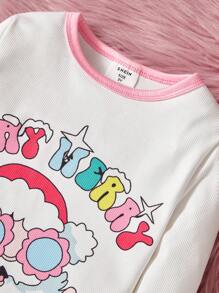 2pcs/Set Girls' Minimalist Fashion Christmas Pattern Long Sleeve Top & Snug Fit Pants Pajama Set - Multicolor - View 4