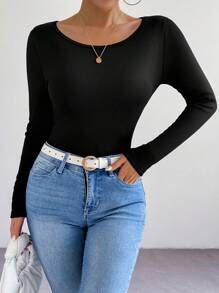 Chiquease 1 pieza Camiseta minimalista de mujer de unicolor de cuello redondo y manga larga, informal para uso diario