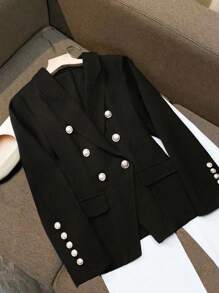 SHEIN Clasi 女式纯色缺口领长袖双排扣休闲西装外套，秋季 - 黑色 - 查看 1