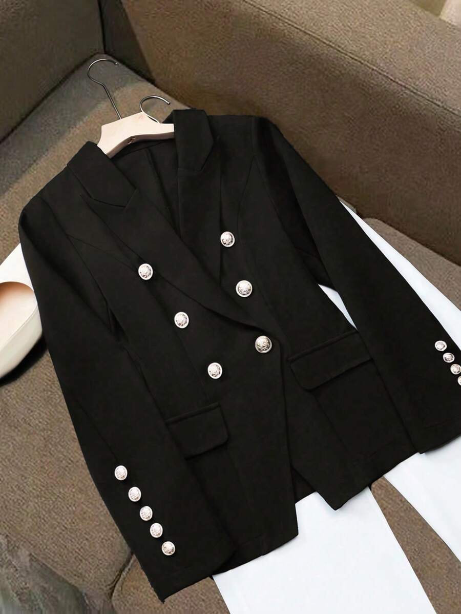 SHEIN Clasi 女式纯色缺口领长袖双排扣休闲西装外套，秋季 - 黑色 - 查看 1