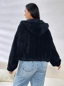 CovetEZ 大码女式纯色双面羊毛连帽夹克，冬季百搭 - 藏蓝色 - 查看 2
