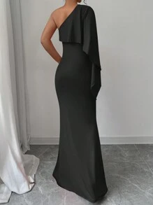 Elenzga 1pc Women Elegant Solid Color One-Shoulder Bat-Wing Fishtail Hem Fitted Dress Maxi Women Outfit