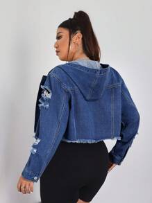 SHEIN EZwear 大码纯色纽扣式做旧毛边休闲长袖牛仔夹克 - 深色水洗藍 - 查看 3