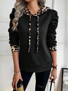 Calvaya 大码女式豹纹拼布抽绳连帽运动衫，秋季 - 黑色 - 查看 3