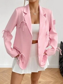 Rafferiza 1pc Women's Solid Color Stand Collar Long Sleeve Bowknot Blazer For Autumn Fall Cloth For Women - Pink - View 6