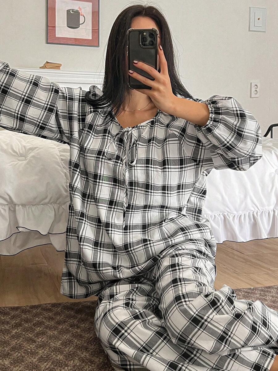 DAZY Plaid Tie Collar Loose Pajama Set - Black and White - View 1