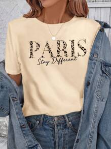 SHEIN LUNE PARIS 豹纹印花和字母图案圆领短袖女式 T 恤，休闲棉质套头衫，适合夏季 - 杏色 - 查看 1