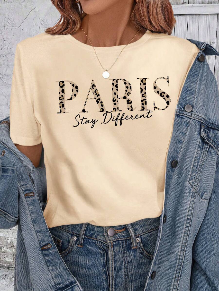 SHEIN LUNE PARIS 豹纹印花和字母图案圆领短袖女式 T 恤,休闲棉质套头衫,适合夏季 - 杏色 - 查看 1
