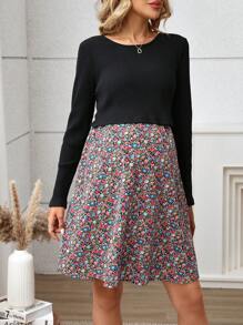 SHEIN Maternity Solid Color Patchwork Round Neck Long Sleeve Simple Casual Nursing Dress - Black - View 3