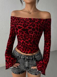 SHEIN EZwear Women's Leopard Print Mesh Off Shoulder Flared Sleeve Cropped T-Shirt - Red - View 1