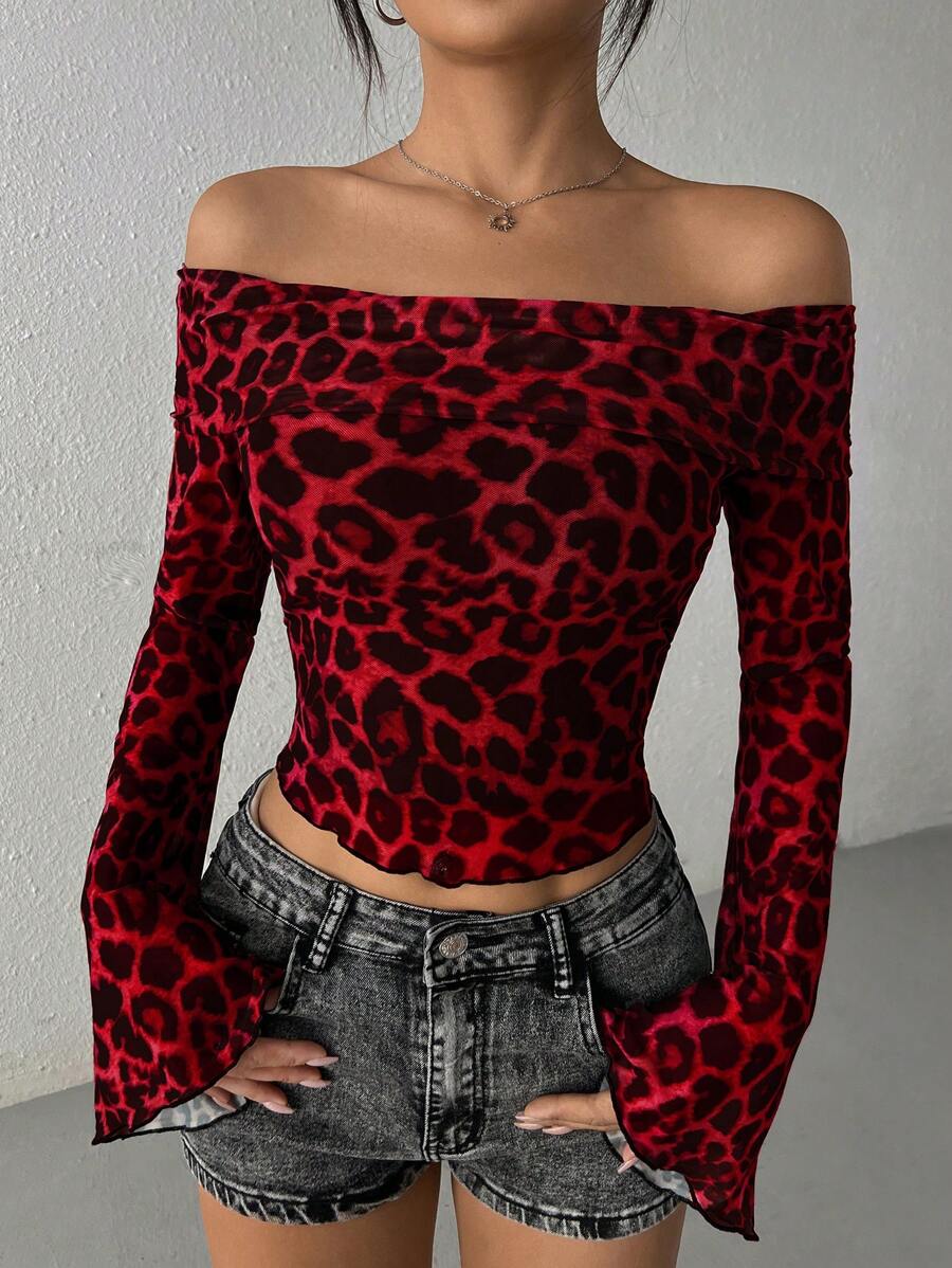 SHEIN EZwear Women's Leopard Print Mesh Off Shoulder Flared Sleeve Cropped T-Shirt - Red - View 1