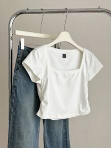 SHEIN BASICS Casual Solid Color Knit Square Neck Short Sleeve Fitted Women T-Shirt