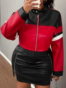 Slaydiva 大码街头摩托车双色 PU 夹克，短款长袖秋冬 - 彩色 - 查看 4