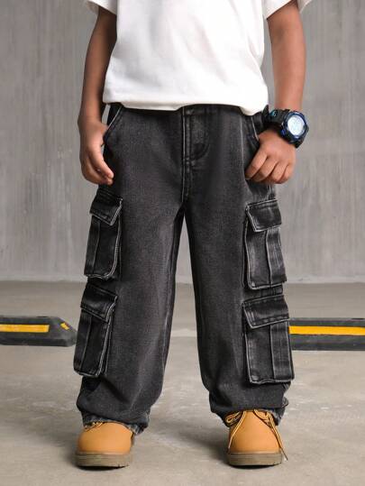 SHEIN Explorewe Young Boy 新款时尚多口袋纯色直筒阔腿休闲牛仔裤