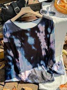 SHEIN EZwear Camiseta casual de manga larga con cuello redondo, hombros caídos y estampado de teñido anudado para mujer de talla grande, otoño - Multicolor - Ver 3