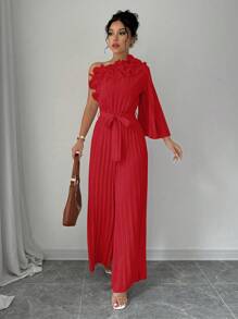 Elenzga 优雅女士纯色拼接多层荷叶边单肩喇叭袖宽松连体裤