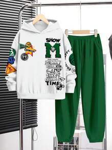 SHEIN Leap Crew 复古徽章印花青少年男孩休闲简约卡通字母图案宽松长袖连帽卫衣套装，适合秋冬季 - 彩色 - 查看 1