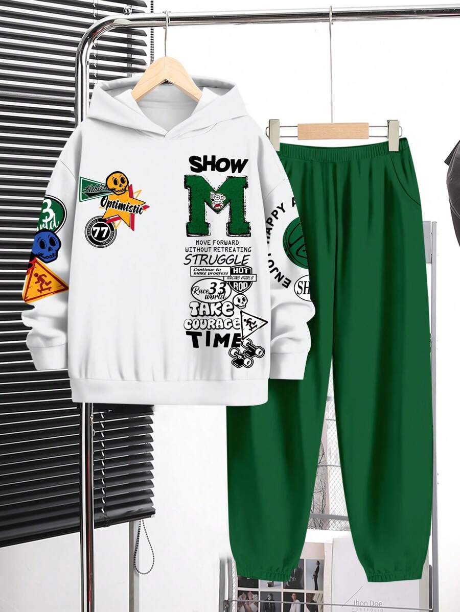 SHEIN Leap Crew 复古徽章印花青少年男孩休闲简约卡通字母图案宽松长袖连帽卫衣套装，适合秋冬季 - 彩色 - 查看 1