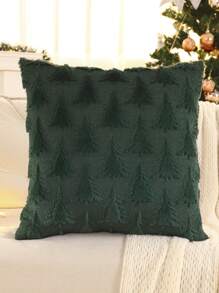 1pc Christmas Tree Embroidered Quilted Plush Cushion Cover, Christmas Decor,Fall Decor,Autumn Decor,Room Decor - Dark Green - View 4