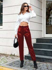 EURMUSE Buckle Belted PU Leather Pants - Red - View 5
