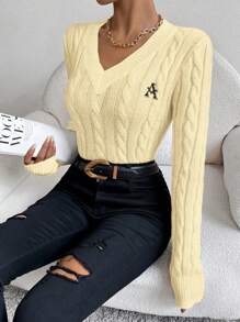 Chiquease Casual Letter Embroidery Fitted Sweater, For Autumn/Winter - Yellow - View 6