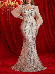 Glamrae 大码香槟金奢华串珠拼布欧根纱镂空领泡泡袖美人鱼优雅正式晚礼服，长袖连衣裙，适合婚礼嘉宾、毕业典礼、晚宴 - 香檳色 - 查看 5