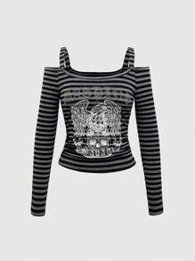 ROMWE Grunge Punk Grunge Style Punk Retro Striped Print Rhinestone Decor Off-Shoulder Long Sleeve Women T-Shirt - Multicolor - View 1