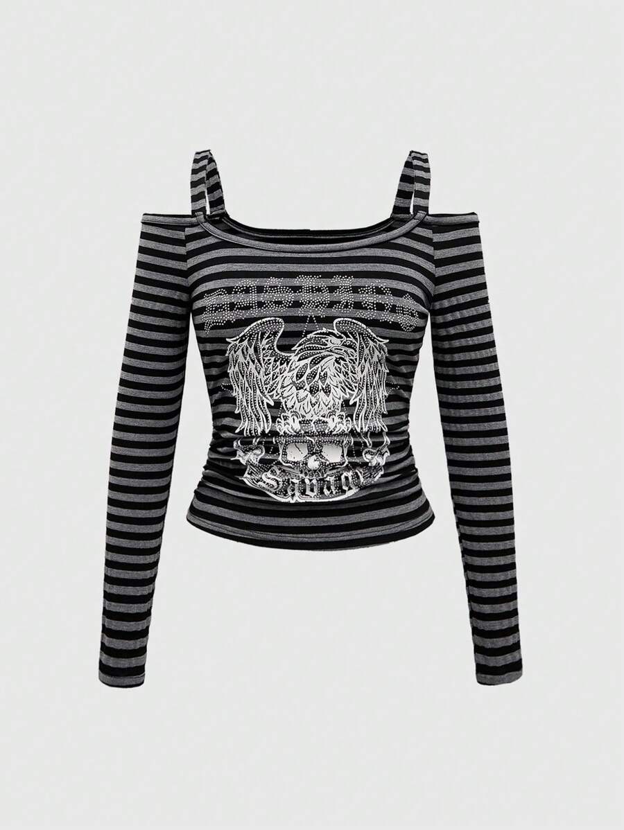ROMWE Grunge Punk Grunge Style Punk Retro Striped Print Rhinestone Decor Off-Shoulder Long Sleeve Women T-Shirt - Multicolor - View 1