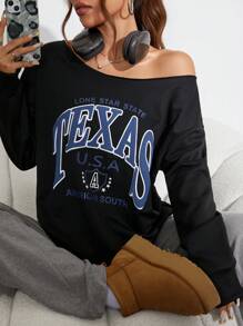Flirla 1件装女士不对称肩部长袖字母印花休闲上衣，简约风格，适合日常穿着，秋季套头衫 - 黑色 - 查看 4