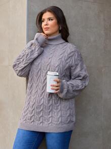 EURMUSE Plus Size Knitwear Cable Knit Funnel Neck Pullover Sweater - Mocha Brown - View 3
