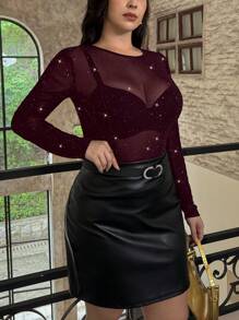 SHEIN Privé 大码舒适休闲性感优雅透明网眼闪亮长袖上衣