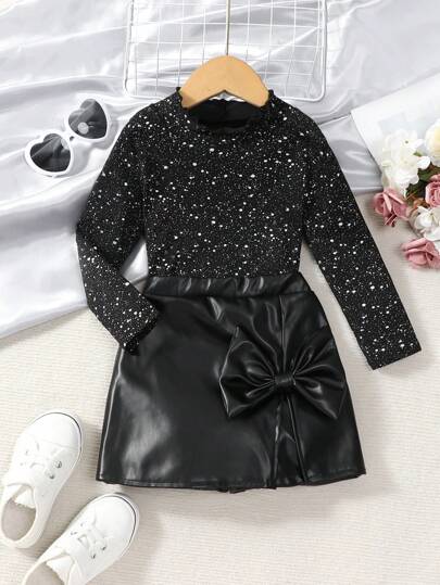 SHEIN 2pcs/Set Young Girls Elegant Metallic Foil T-Shirt + Large Bow PU Shorts, Suitable For Casual Outings, Parties, Fall/Winter