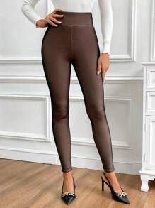 SHEIN Clasi Calça Legging Feminina Casual de Cintura Alta Forrada Termicamente em Cor Sólida, Outono/Inverno - Preto - Visão 6